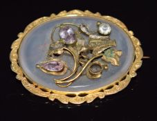 Victorian brooch set with chalcedony agate, foiled quartz and foliate and bird centre section, 4.7 x