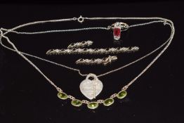 A silver necklace set with peridot, silver necklace marked Tiffany & Co, Art Deco 9ct gold and
