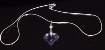 Lalique purple glass heart pendant, signed (3.5 x 2cm), on silver chain, 36cm long