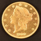 Gold coin inscribed 1900, USA 20 Dollars, 32.2g. Possibly of Middle Eastern origin, counterfeits