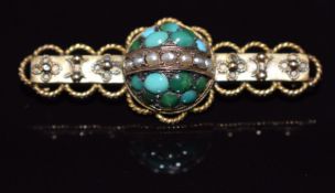 Victorian brooch set with turquoise cabochons and seed pearls, verso a glass compartment, 4.6g, 3.