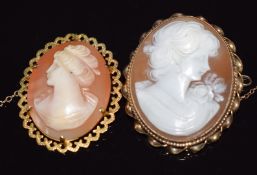 Two 9ct gold brooches each set with a cameo depicting young women, largest 3.2 x 3.8cm