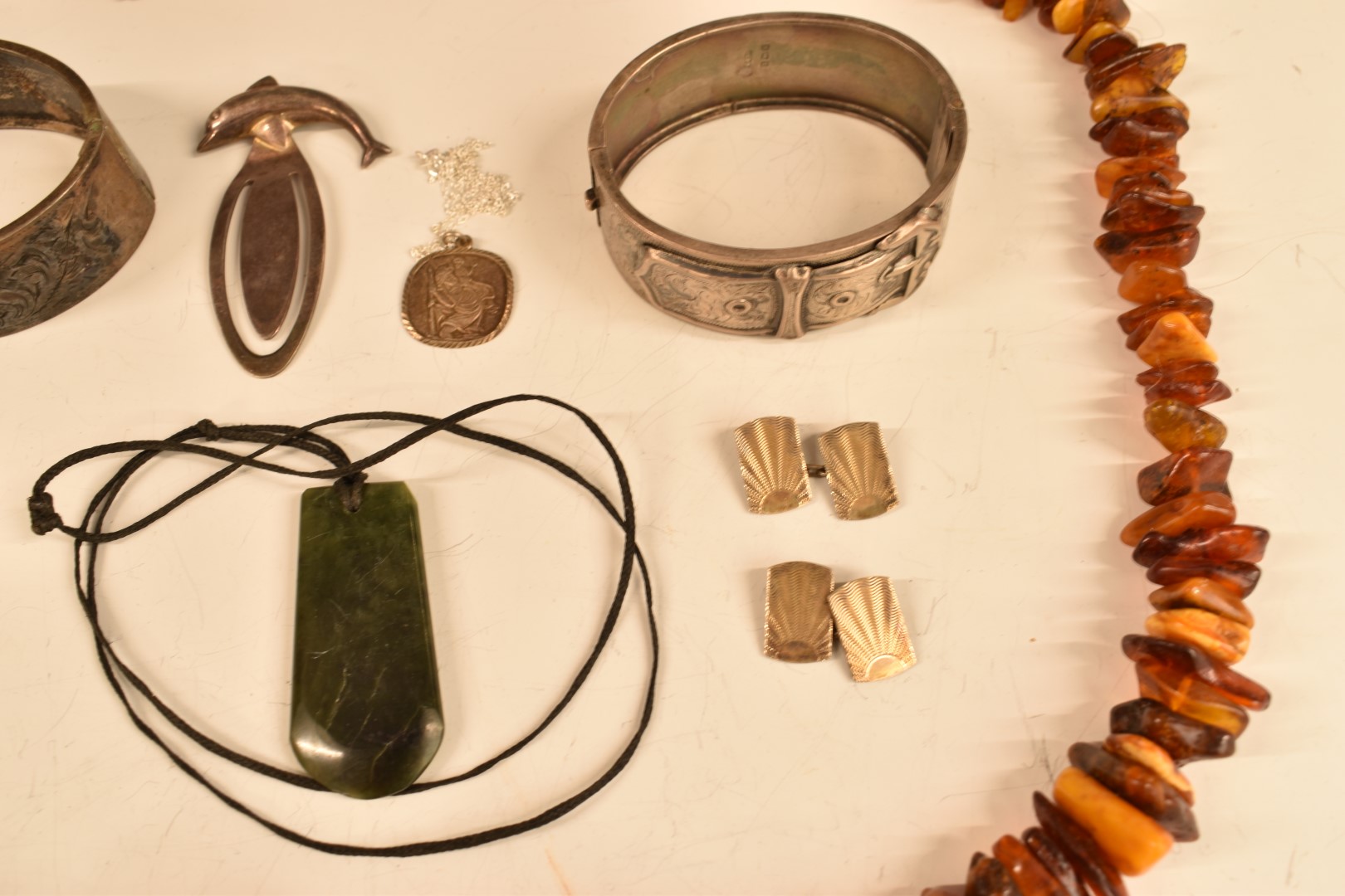A group of silver items including two bangles, bookmarks and cufflinks, a nephrite jade pendant - Image 3 of 4