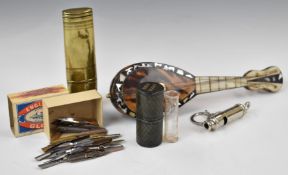 Miniature tortoiseshell mandolin, collection of vintage fountain pen nibs, 19thC brass travelling