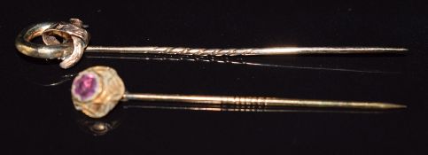 Two Victorian 9ct gold stick pins, 2g