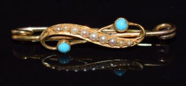 Edwardian 9ct gold brooch set with seed pearls and turquoise, 2.5g, 3.5cm