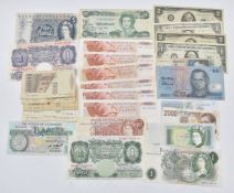 A collection of UK and overseas banknotes including J Page £5, Peppiatt and O'Brien £1 etc
