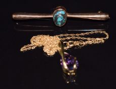 A 9ct gold brooch set with turquoise and a 9ct gold pendant set with amethyst on 9ct gold chain, 3.