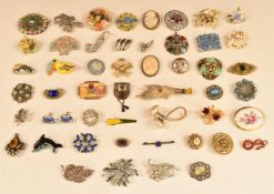 A collection of vintage brooches including lucite, Czech, marcasite, Miracle, paste, Mizpah,