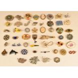 A collection of vintage brooches including lucite, Czech, marcasite, Miracle, paste, Mizpah,