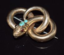 Victorian 9ct gold serpent brooch set with turquoise cabochons and garnet eyes, 3.8 x 2.8cm, 6.3g