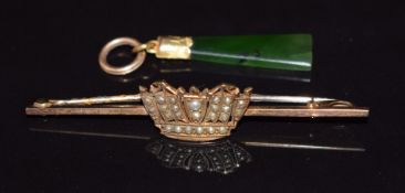 A 9ct gold brooch in the form of a coronet set with seed pearls and a 9ct gold pendant set with