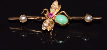Edwardian brooch in the form of a fly set with turquoise, seed pearls and a ruby, 2.3g, 4cm