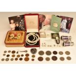 A collection of jewellery and coins including pearl necklace, silver earrings, Victorian brooch,