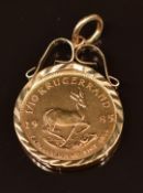 A 1985 1/10 Krugerrand in 9ct gold pendant mount, 4.2g