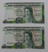 A consecutive pair of Government of Gibraltar 4th August 1988 £5 banknotes E852972/3