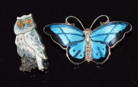 Two Norwegian silver brooches set with enamel, one in the form of an owl (2.4 x 1.2cm) the other a