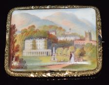 Victorian pinchbeck brooch set with a painted porcelain landscape miniature, 5 x 4cm
