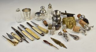 Collectables including thimbles (four being silver), hallmarked silver pepper, folding fruit knives,