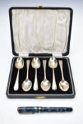 Cased set of hallmarked silver spoons, weight 74g and a Burnham No 51 fountain pen