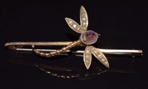 Edwardian 9ct gold brooch set with amethyst and seed pearls, 3.9g, 5.5cm