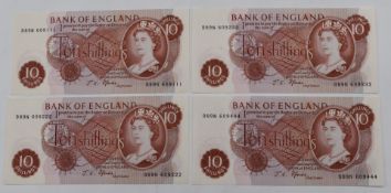Set of 1967 10 shilling banknotes Fforde unc prefix B89N 609111-222-333-444