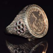 A 9ct gold ring set with a 1982 1/10 Krugerrand, 8g, size P