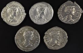 Roman Imperial coinage The Severan Dynasty AD193.235 Geta as Caesar five silver Denarius, various