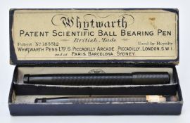 Boxed pair of Whytworth patent scientific ball bearing fountain pens with engine turned resin bodies