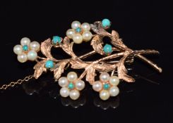 A 9ct gold brooch set with turquoise and pearls in the form of of flowers, 10g, 5 x 3.3cm