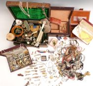 A collection of costume jewellery including beads, silver watch, vintage brooches, other vintage
