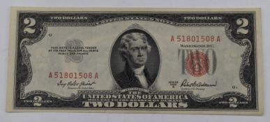 USA two Dollar banknote 1953, Series A, red seal