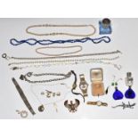 A collection of costume jewellery including Oris watch, a pair of silver gilt earrings set with