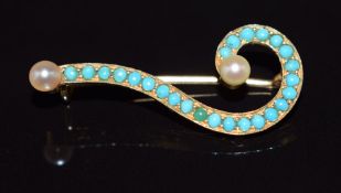 Edwardian brooch set with turquoise cabochons and two natural pearls, 3.1cm, 2.7g