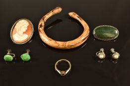 A 9ct gold ring mount (2.8g), wooden bangle, silver cameo brooch, etc
