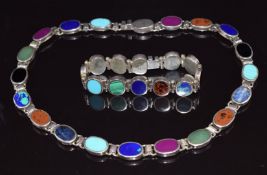 Mexican Taxco silver necklace and bracelet set with sodalite, tiger's eye, malachite, agate, etc,
