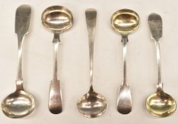 Five Georgian and later hallmarked silver condiment spoons including four Exeter examples, length of