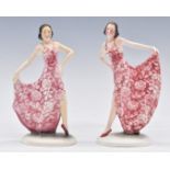 Pair of Art Deco continental dancing figurines impressed 2301 and 2302, H20cm