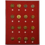Sixteen vintage hunt/hunting buttons mounted on a felt covered display board comprising