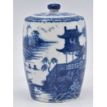 Caughley blue and white covered tea canister or caddy, H12cm