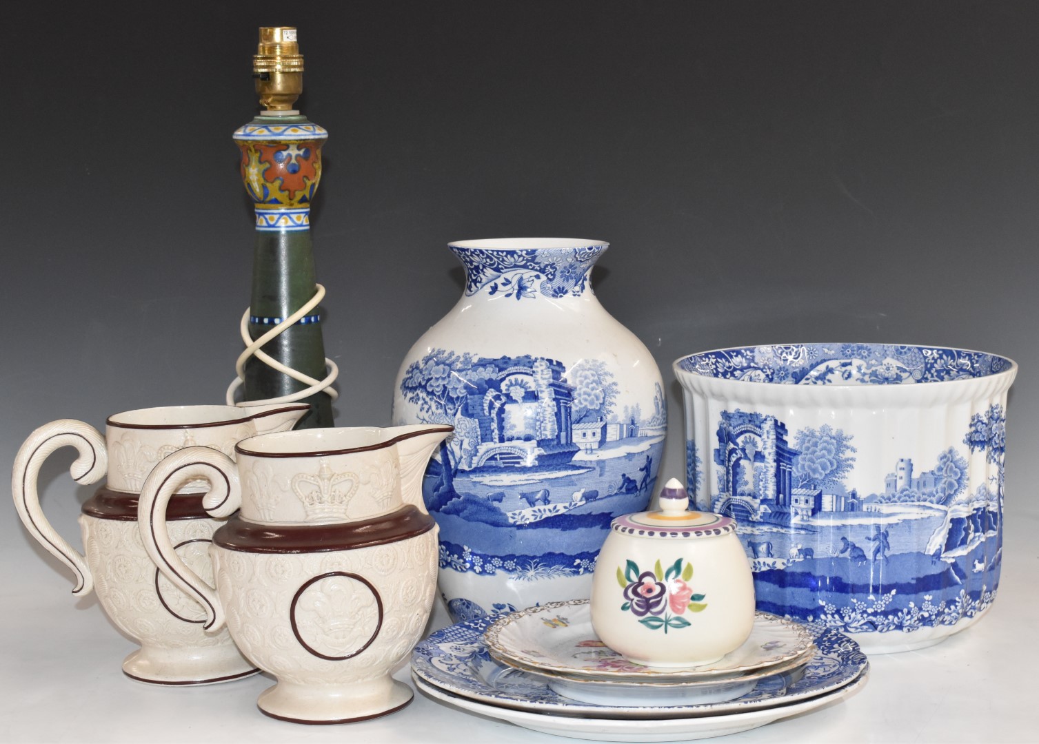 Spode Blue Italian vase, H26cm, jardinière and plates, pair of Victorian jugs with Prince of Wales