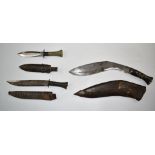 Kukri knife with 31cm blade and sheath together with two hunting knives and sheaths. PLEASE NOTE ALL