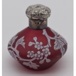 Thomas Webb or similar cameo glass scent bottle with decoration of flowers and foliage over a red