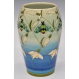 Dennis Chinaworks signed limited edition no 1 vase decorated with bees and snowdrops, H16cm