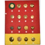 Sixteen vintage hunt/hunting buttons mounted on a felt covered display board, comprising Heythrop,