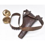 Leather revolver or pistol holster with cartridge belt, 31cm long together with a brass military