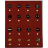 Sixteen vintage hunt/hunting buttons mounted on a felt covered display board, comprising Beaufort,