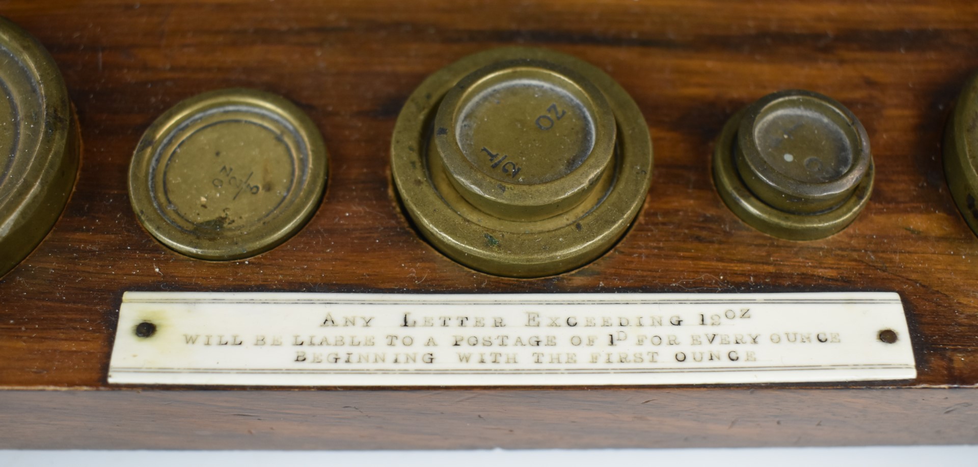Mordan & Co. Victorian brass postage scales, on wooden base with weights and with postage rates to - Image 4 of 5
