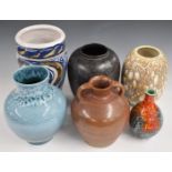 Six studio / art pottery vases including Lancastrian, Poole, Villeroy and Boch etc, tallest 28cm