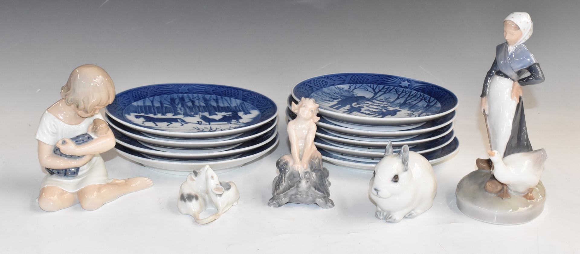 Royal Copenhagen figures including mice, girl with doll, faun/Pan riding a turtle and nine late 80/